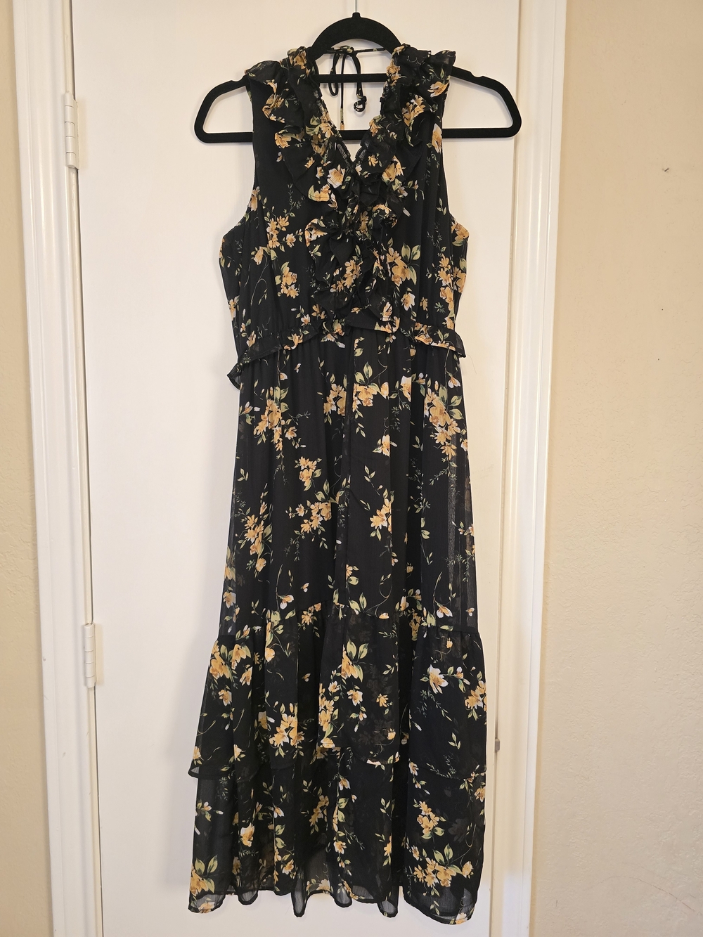 Floral Ruffle Maxi Dress - Black with Yellow Floral